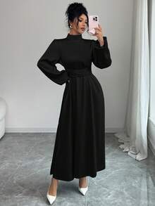 Đầm dài dáng chữ A thanh lịch dành cho nữ, cổ đứng, tay dài, vạt xòe, chất liệu vải dệt, chi tiết thắt nút, màu đen, thích hợp cho mùa xuân. - màu đen - Xem 6