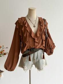 Rusttydustty 波西米亚风休闲V领褶裥长袖女式常规下摆上衣，复古优雅，适合旅行、乡村音乐会等场合。 - 棕色 - 查看 7