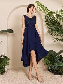 Mgiacy-流行，新品，圆领，亮片，闪亮，伴娘礼服，腰带，前短后长，雪纺，迷你裙，适合，婚礼嘉宾 - 寶藍色 - 查看 5