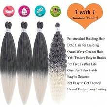 Pre Stretched Braiding Hair Ombre 1b/613 Boho Hair For Braiding Curly Wavy Crochet Braids Bohemian Knotless Hypoallergenic Deep Ocean Wave Boho Curls Braids Extensions 26 Inch 4 Packs,1B/613BohoBraidingHair4Packs - 1B/613波西米亞風編發4包 - 查看 5