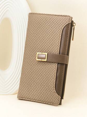 MINGYOU Women's Long Wallet, PU Leather & Woven Fabric Patchwork Colorblock Design, Large Capacity, Multi-Card Slots, Zipper Coin Pouch, Compact & Lightweight, Suitable As Holiday Gift