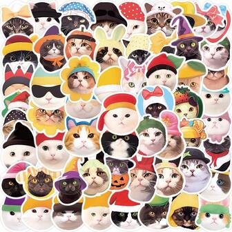 59张戴帽子的猫咪表情包贴纸，卡通可爱涂鸦乙烯基贴纸，适用于水瓶、笔记本电脑、手机、滑板、吉他、行李箱、剪贴簿、头盔，是送给孩子、青少年、成人的礼物，也可用于派对装饰。
