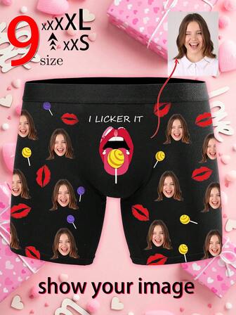 1 Pair Of Custom Men's Boxer Briefs, A Customized Men's Underwear Featuring Red Lip Prints, Colorful Lollipops, A Cartoon Lip With "I LICKER IT" Text, And Customizable Personal Images, As Well As Customizable Character Patterns. It Also Offers 9 Sizes From XXS To XXXXL, Personalized Photo Men's Boxer Shorts,