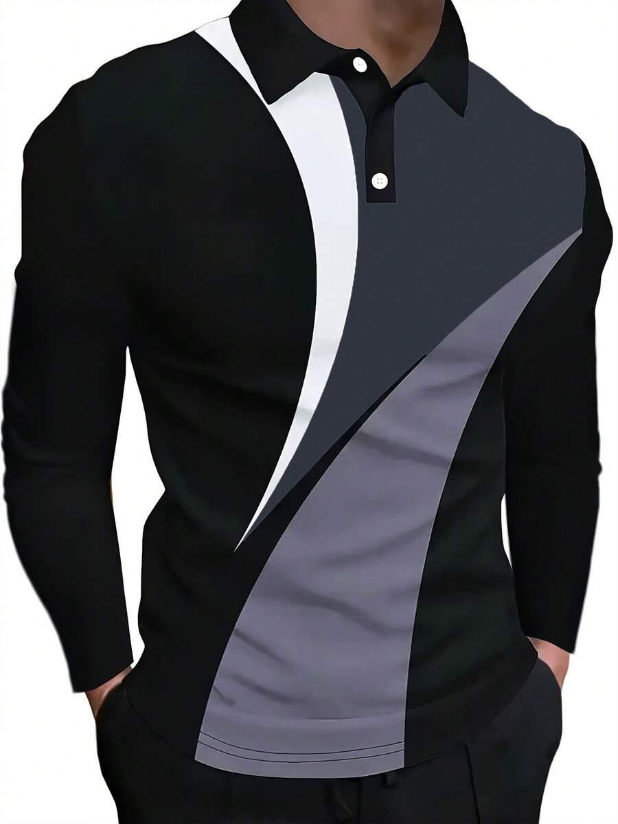 Camisa polo de manga larga para hombre, diseño geométrico de patchwork en blanco, negro y gris con un estilo minimalista, líneas elegantes que transmiten sofisticación, cuello clásico de polo con cierre de botones, tela cómoda, versátil para el trabajo, casual, al aire libre, primavera/otoño - Negro - Ver 1
