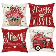 4 Stücke Valentinstag Kissenbezüge, süßes Zuhause Herz Blumen Truck Design, romantische Valentinstag Dekoration, minimalistischer Polyester Stoff mit Reißverschluss einseitig Muster, Kissenfüllungen nicht enthalten, geeignet für Sofa, Bett, Stuhl Dekoration in Schlafzimmer, Wohnzimmer, Bauernhaus, Terrasse - Rot-Weiß - Übersicht 3