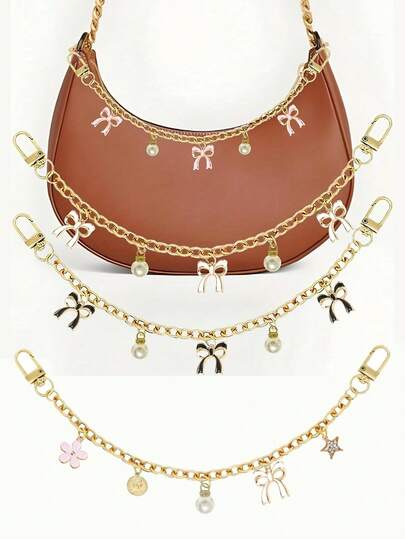1pc Bag Charm Chain Flower Pearl Bow Bag Fashion Decorative Chain, Bag Charm Chain-Decorative Metal Wallet Accessories For Handbag, Crossbody Bag And Shoulder Bag, Ladies Bag Charm Keychain Luggage Pendant