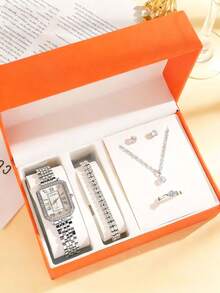 6pcs/Set Women's Quartz Watch Set, Fashion Luxury Versatile Rhinestone Square Dial Alloy Strap Roman Numeral, Rhinestone Jewelry, Suitable For Daily Matching, Birthday, Women's Gift, Anniversary, Year-End Promotion, Singles' Day, Halloween, Christmas Promotion, No Gift Box - Silver - View 6