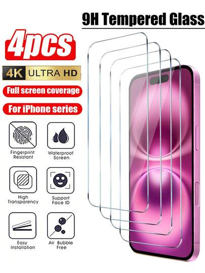4Pcs Tempered Glass Compatible With IPhone 16 17 15 13 11 12 14 Pro Max Mini Screen Protector Compatible With IPhone 16 17 8 Plus X XR XS MAX Protective Glass Screen Protection Essentials, Applicable To Daily Shield, Office, Home Daily Shield Office Home Phone Screen Protector Phone Accessories Waterproof Shockproof Anti-Fall Scratch Resistant