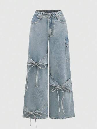 Women's Loose Fit Wide Leg Washed Jeans With Bowknot Tie-Up Design,Bow Jeans,Y2K Baggy Women Jeans,Casual Style
