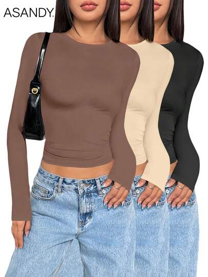 3pcs Crew Neck Long Sleeve Solid Color T-Shirts, Fitted & Casual Tops Combination For Women, Spring & Autumn