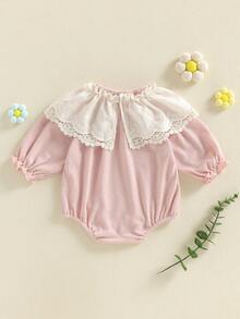 Mono de bebé niña con mangas largas abullonadas, cuello redondo, encaje con volantes y decoración de burbujas - Rosa - Ver 2