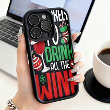 Cubierta de teléfono con diseño navideño negro con estampado de copas de vino y texto I ONLY DRINK ALL THE WINE para uso diario en temporada festivaCompatible with  16 Pro Max/16 Plus/16 Pro/16/15 Pro Max/15 Plus/15 Pro/15/14 Pro Max/14 Plus/14 Pro/14/13 Pro Max/13 Pro/13/12 Pro Max/12 Pro/12/11 Pro Max/11 Pro/11/XS Max/XR/X/7 Plus/7 TPU Drop-Proof and Stain-Resistant Protective Soft Case - Burdeos - Ver 1