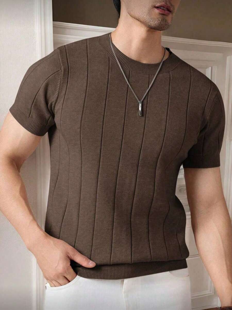 Men's Casual Short-Sleeve Crew Neck Solid Color Knit T-Shirt - Cà phê nâu - Xem 1