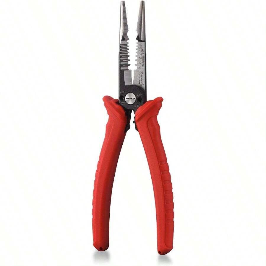 NEIKO 02038A Herramienta de servicio de cables 6 en 1 8-1/2 pulgadas de longitud Pinza crimpadora pelador cortador extractor alicates de electricista - Rojo - Ver 1