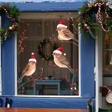 1 Set Of 3 Christmas Hat-Wearing Bird Window Decals, Christmas Decoration Theme, With Holly Branches And Snowflake Wall Decals. Double-Sided Stickers Suitable For Glass Doors And Windows In Living Rooms And Bedrooms - White - View 1