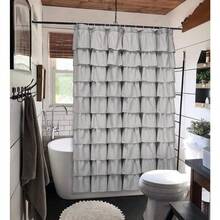 White Ruffle Shower Curtain 70 Inch Long Fabric Bathroom Decor - B-灰色 - 查看 3