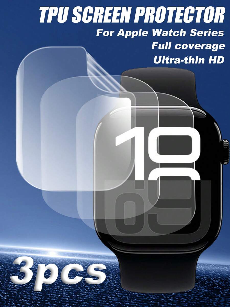 3pcs TPU Screen Protector, Soft Protective Film, Scratch-Resistant, Waterproof, Anti-Fingerprint, Anti-Drop, Compatible With Apple Watch Series 1-6, SE, 42mm & 46mm - Clear - View 1