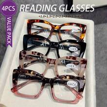 4 Pairs Of Value For Money Multi Color Cat Eye Reading Glasses Fashionable Reading Glasses Suitable For Men And Women With Sturdy Spring Hinge - 豹紋+黑色+肉粉+粉豹紋 - 查看 12
