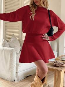 女士纯色优雅通勤长袖针织连衣裙，适合春季、情人节和假期穿着 - 紅色 - 查看 7