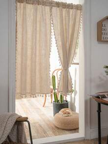 2pcs Linen Tassel Solid Color Retro Curtain, Rod Pocket Design, Suitable For Living Room And Bedroom - Sheer And Filtering Curtain (Tie Backs Not Included) - Multicolor - View 3
