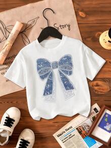 女童蝴蝶结印花圆领短袖休闲T恤 - 白色 - 查看 2