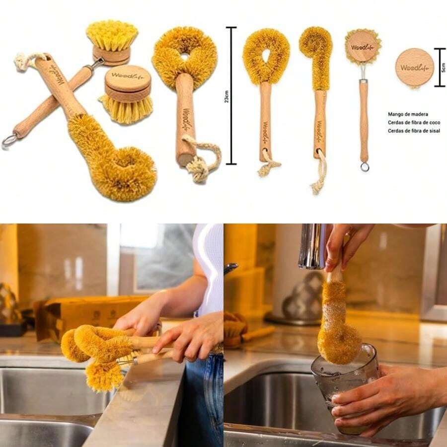 WOODLIFE® - Set de 4 Utensilios de Limpieza de Cocina y Platos, Fabricados con Bambú y Fibras Naturales, 100% Biodegradables y Ecológicos.(default) - Multicolor - Ver 1