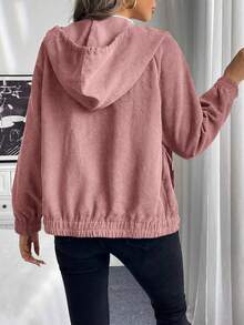 女士纯色灯芯绒连帽外套，女士秋季灯芯绒休闲长袖外套，女士带帽抽绳口袋单排扣外套