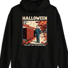 Officially Inspired  You Can't Kill The Boogeyman Halloween Hoodie - Retro 70s Vintage Horror Movie Sweatshirt With  Mask Graphic, Unisex Loose  Hooded Pullover With  Pocket & Long Sleeve - 黑色 - 查看 7