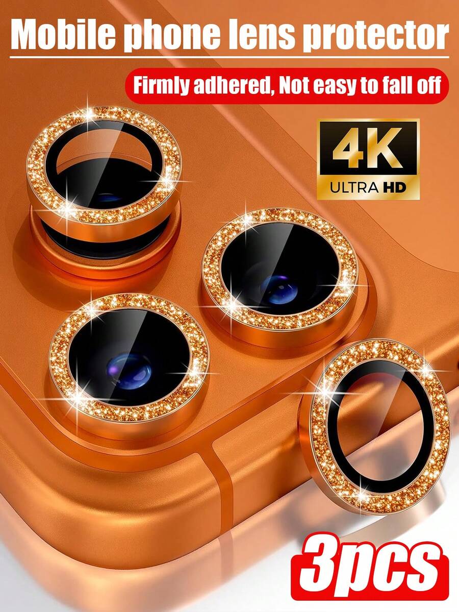 3 piezas Protector de lente de cámara de vidrio templado naranja con purpurina para iPhone 17 Pro/17 Pro Max, anti-caídas, purpurina, protector de pantalla de vidrio templado 9H con anillo de metal, accesorio decorativo - Naranja - Ver 1