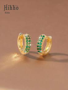 Hihho 1 Pair Classic Retro Minimalist Double Row Colorful Cubic Zirconia Micro-Inlaid Round Hoop Earrings For Women, Delicate & Fashionable, Versatile For Daily Wear - Yellow Gold - View 5