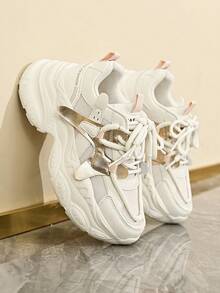 女士紫色字母拼接厚底运动鞋，正面系带设计，百搭休闲舒适户外跑步鞋 - 米色 - 查看 8