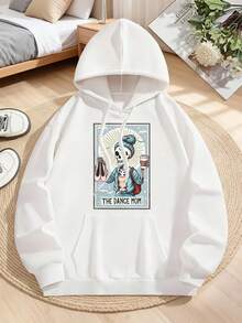 Womens Plus Slogan Graphic Pocket Drawstring Thermal Hoodie With Skull Dance Mom With Coffee And Shoes  ,Clothes For Winter Fall Autumn, Fashion Oversized Sweatshirts Black White Options, Long Sleeve Pocket Pullover, Casual Tops, Suitable For Parties, Outdoor Activities, And Leisure, Perfect Gift For Women - White - View 2