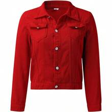 Chaqueta vaquera mujer, chaqueta vaquera mujer, con botones, manga larga y bolsillos, ligera, corta, de mezclilla, a. - 02rojo + G - Ver 7