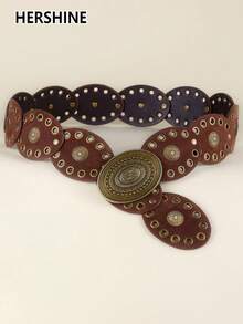 Hershine 1pc Western Cowgirl Boho Style Women's Belt, Boho Belt, Western Belt, Gothic Velvet Patchwork Belt, Women's Fashion Accessory, Autumn/Winter Coffee & Antique Bronze Floral Oval Buckle Belt, Dress Accessory, Suitable For Party, Beach, Music Festival - Brown 3 - View 3