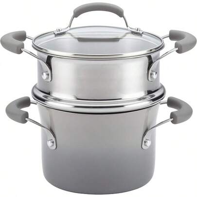 Brights Sauce Pot With Steamer Insert 3 Quart TwoTone Sea Salt Gray Ideal For Simmering Sauces Steaming Vegetables And Cooking Rice In A Compact Kitchen Setup Durable Stainless Steel Construction With HeatResistant Handles And PrecisionCrafted Lid For Even Cooking And Easy Serving