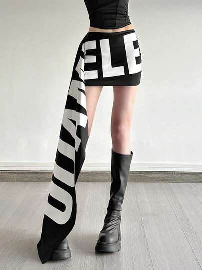女士不对称下摆字母印花黑白迷你裙