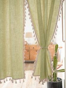 2片装亚麻流苏纯色复古窗帘，杆袋式设计，适用于客厅和卧室 - 轻薄透气窗帘，客厅窗帘（不含绑带） - 彩色 - 查看 2