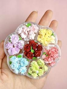 1盒随机混合树脂彩色玫瑰软花美甲饰品 3D双层蝴蝶绿叶仿珍珠美甲护理工具镊子笔可爱美甲配件 DIY美甲用品 - 彩色 - 查看 5