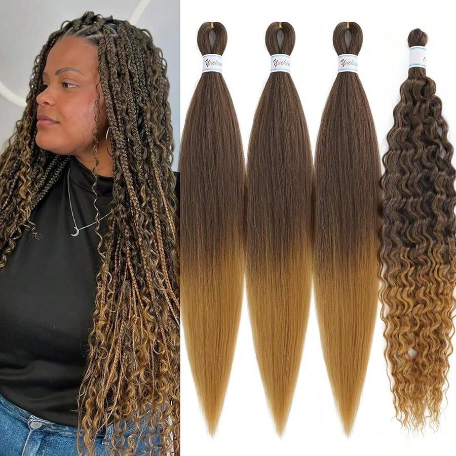 Ombre Braiding Hair Pre Stretched Curly Wavy Crochet Braids 4B/27 Boho Hair For Braiding Bohemian Curls Hypoallergenic Knotless Deep Ocean Wave Boho Braids Extensions 26 Inch 4 Packs,4B/27BohoBraidingHair4Packs - 4B/27波西米亞風編發4包 - 查看 1