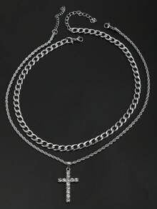 2件套时尚欧美品牌双层水钻不锈钢扭链十字架吊坠项链，朋克风男士配饰 - 銀色 - 查看 4