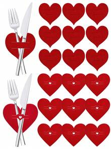 24/12/6pcs Red Heart Shaped Knife & Fork Set, Red Heart Shaped Cutlery Mat, Romantic Candlelight Dinner Tableware Decor, Anniversary Dinner Table Decor, Wedding Atmosphere Tableware Decor, Wedding Supplies, Suitable For Valentine's Day, Anniversary, Wedding, Home, Holiday Party, Tableware Decor - Multicolor - View 1
