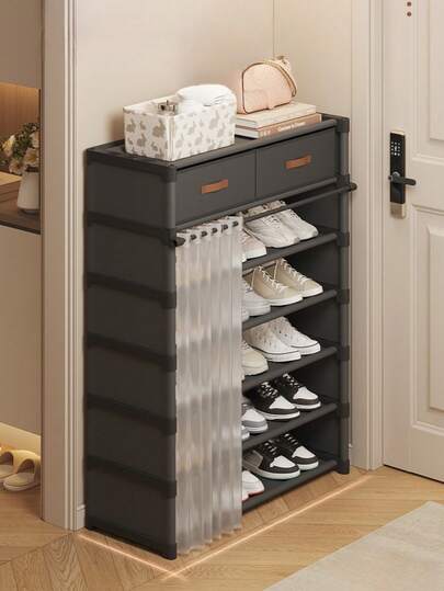 1pc Household Multi-Layer Shoe Rack With Curtains, Shoe Cabinet, Storage, Display Rack, With Drawers, With Curtains Shoes Storage Cabinet, Large Capacity Shoe Cabinet For Indoor And Outdoor Use, Suitable For Doorways, Household, Indoor, Festival Gifts, Valentine's Day Gifts, Children's Gifts