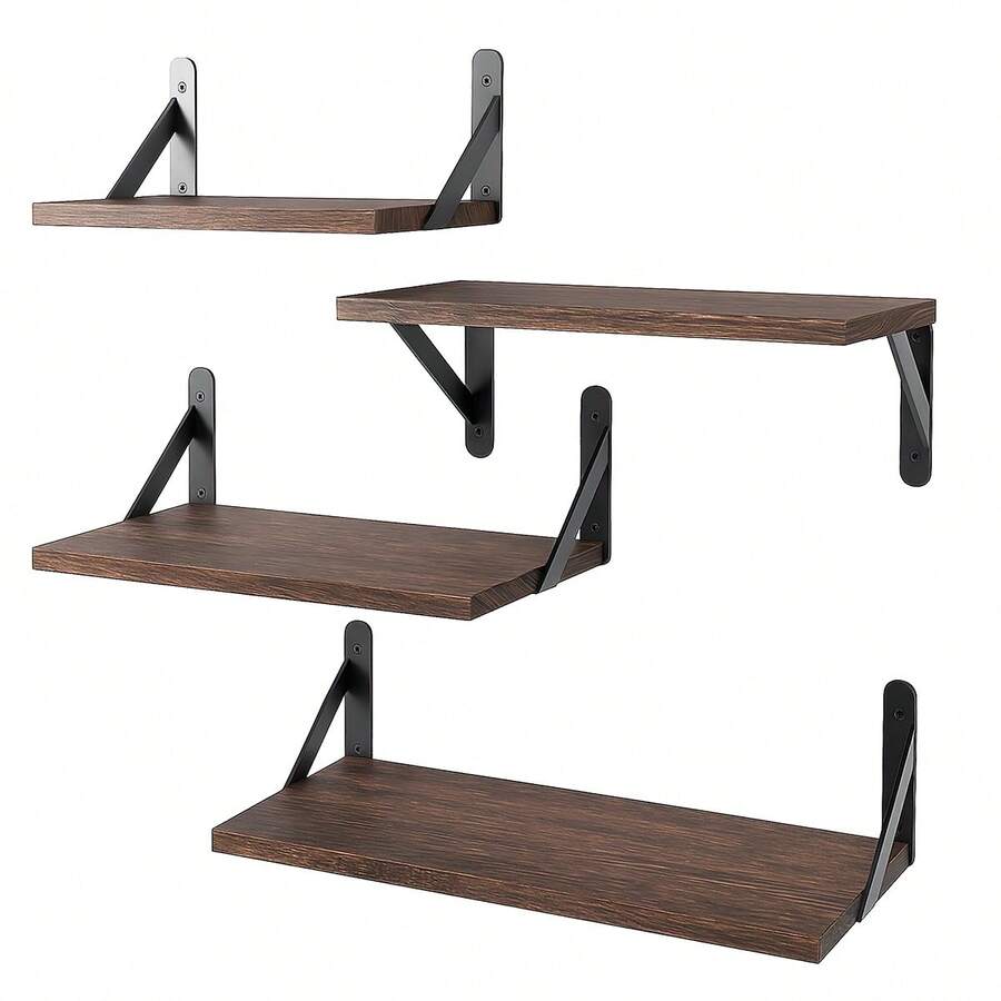YC-HOGAR Juego de estantes flotantes de madera (4 piezas), disponible en varios tamaños y para montaje en pared, adecuado para la decoración de sala de estar, baño, dormitorio y cocina. - Marrón - Ver 1