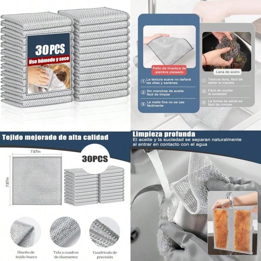 30PCS Trapos de Limpieza de Alambre Multiusos, Trapos de Alambre Metálico Multifuncional sin Rayones y Limpieza Potente, Paños de Limpieza, Fibra Metálica para la Cocina del Hogar(default) - Multicolor - Ver 1