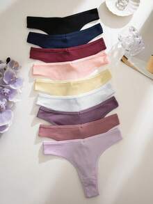 9pcs/Pack Women's Solid Color Ribbed Sexy Thong Underwear, Comfortable & Breathable - Multicolor - View 4