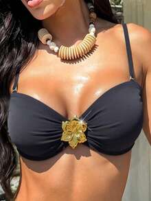 女士性感纯色抹胸比基尼上衣，非常适合海滩和夏季穿着 - 黑色 - 查看 13