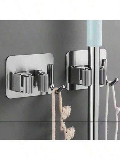 1 قطعة حامل مكنسة وممسحة متعدد الوظائف ذاتي اللصق قوي التحمل، مع فتحة واحدة وخطاف واحد، مناسب للمطبخ والحمام والمرآب وغرفة الغسيل، سهل التركيب | مصنوع من المعدن | باللون الفضي