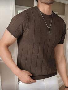 Men's Casual Short-Sleeve Crew Neck Solid Color Knit T-Shirt - Cà phê nâu - Xem 6