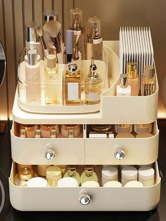 1 pieza Caja de almacenamiento de cosméticos con cajón giratorio de escritorio, estante de tocador a prueba de polvo de gran capacidad para lápices labiales y productos de cuidado de la piel, caja de almacenamiento de cosméticos, estante de almacenamiento de productos de cuidado de la piel multifuncional, regalos para mujeres, regalos de Navidad, ideas de regalo para mujeres