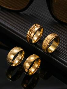 4pcs Fashionable Stainless Steel Gold Men's Ring Set, Includes Star, Moon, Roman Numeral Chain, Football Element, Suitable For Men's Daily Outfit, Holiday, Date, Engagement, Wedding Gift